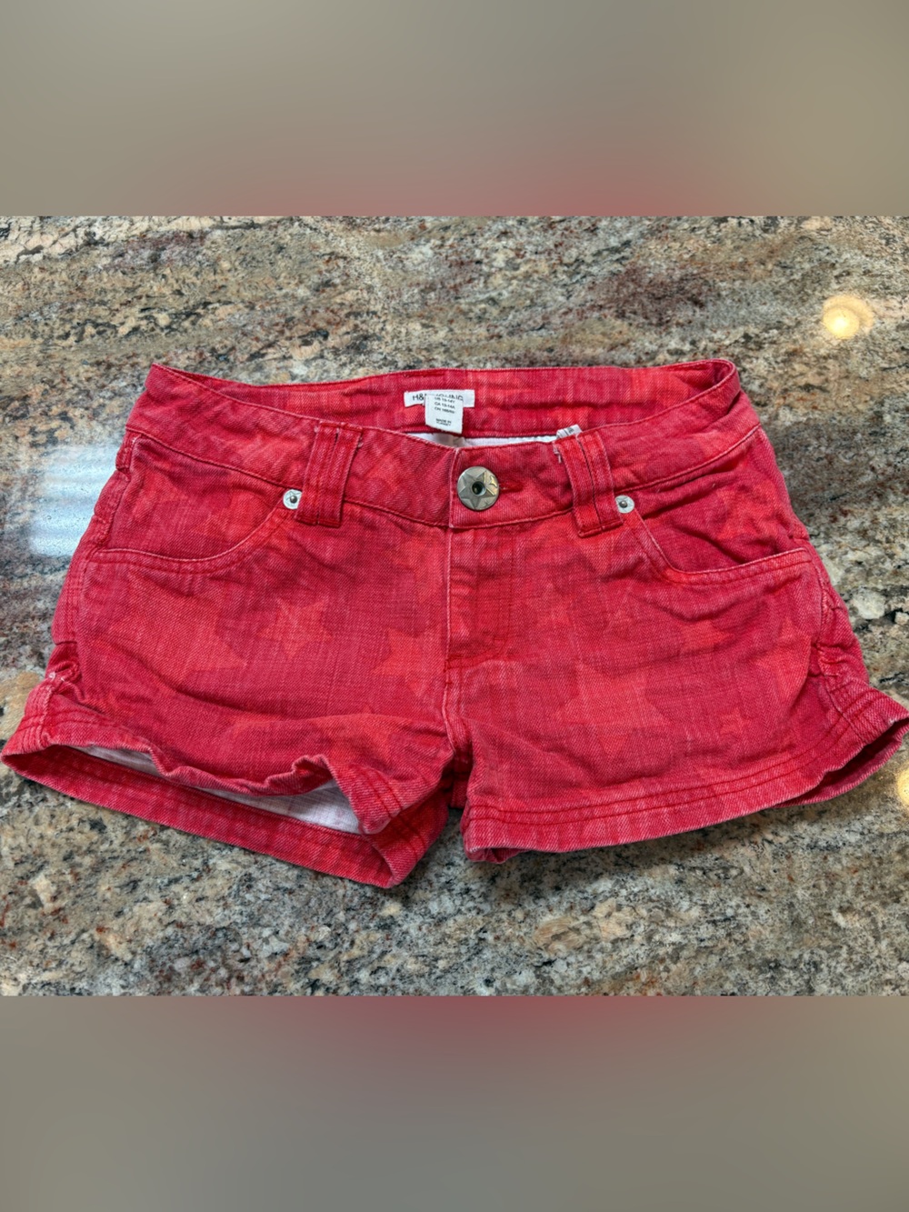 H&M Young Red Denim Shorts Imprinted with Stars, Size 13-14
